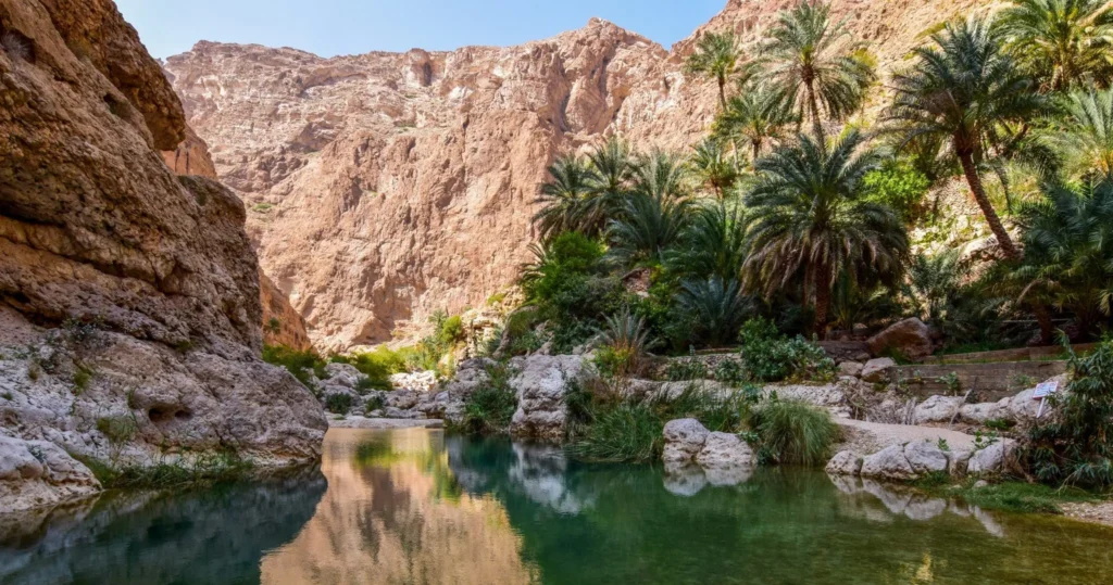 Wadi Shab canyon with palm trees and turquoise pools – Oman travel guide