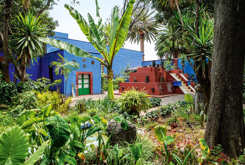 Frida Kahlo Casa Azul garden and blue walls in Coyoacan, Mexico City