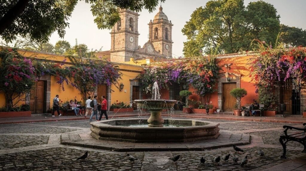 Coyoacan historic square with fountain and jacaranda trees, Mexico City