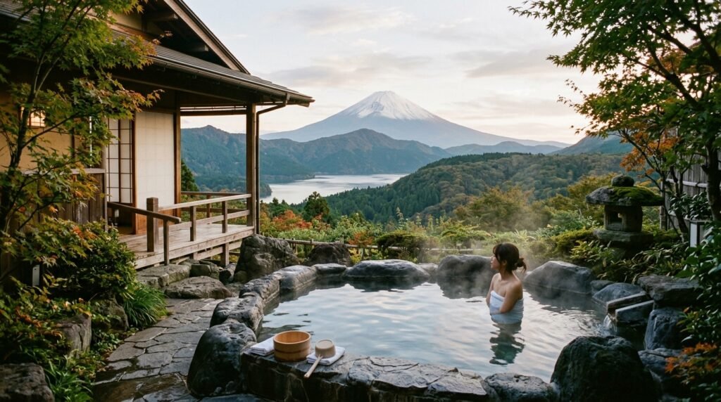Woman relaxing in outdoor onsen hot spring with Mount Fuji view at Hakone ryokan - Japan travel guide