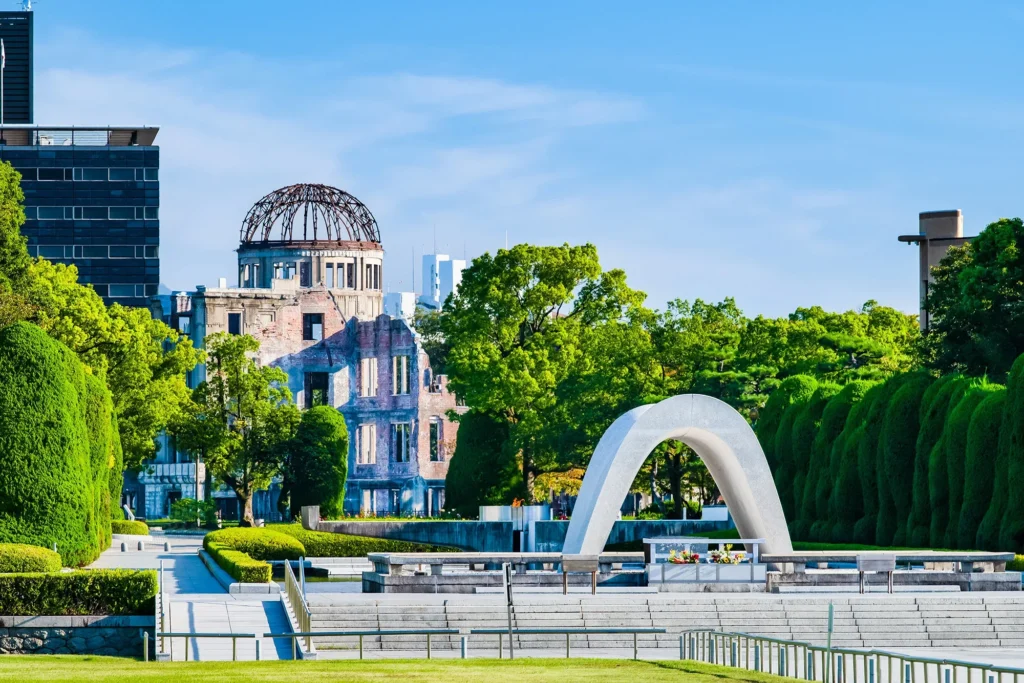 Hiroshima Peace Memorial Atomic Bomb Dome and cenotaph in Peace Memorial Park - Japan travel guide