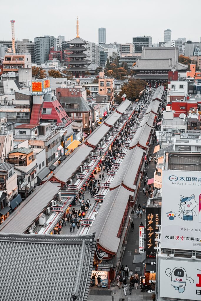 Aerial view of Nakamise shopping street leading to Senso-ji temple in Asakusa Tokyo - Japan travel guide