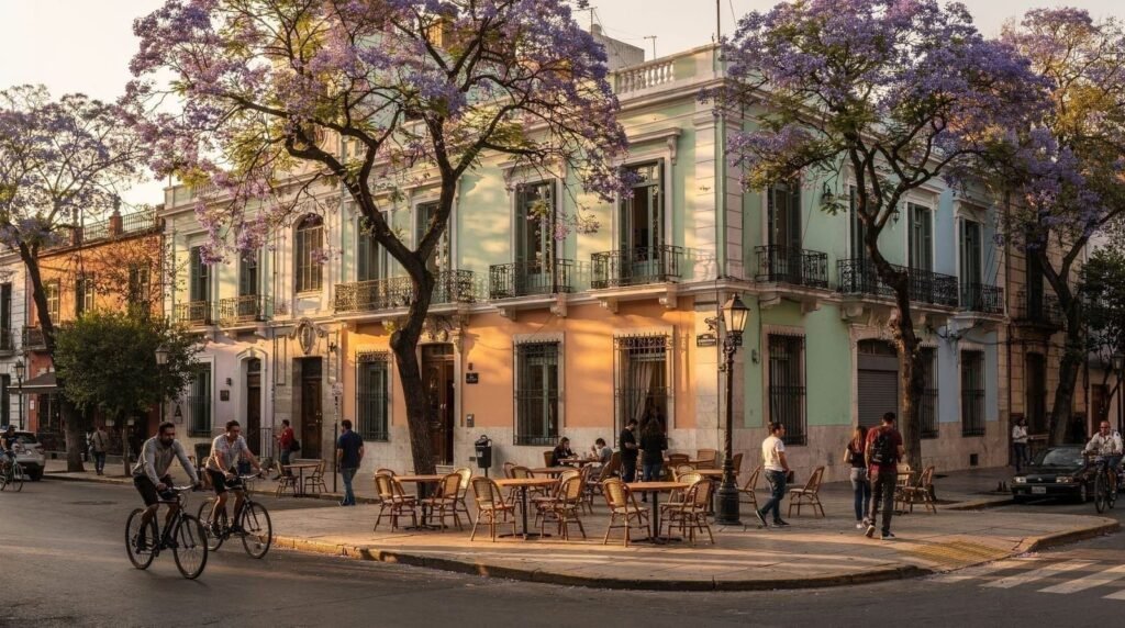 Roma Norte tree-lined streets with Art Deco buildings and outdoor cafes, Mexico City
