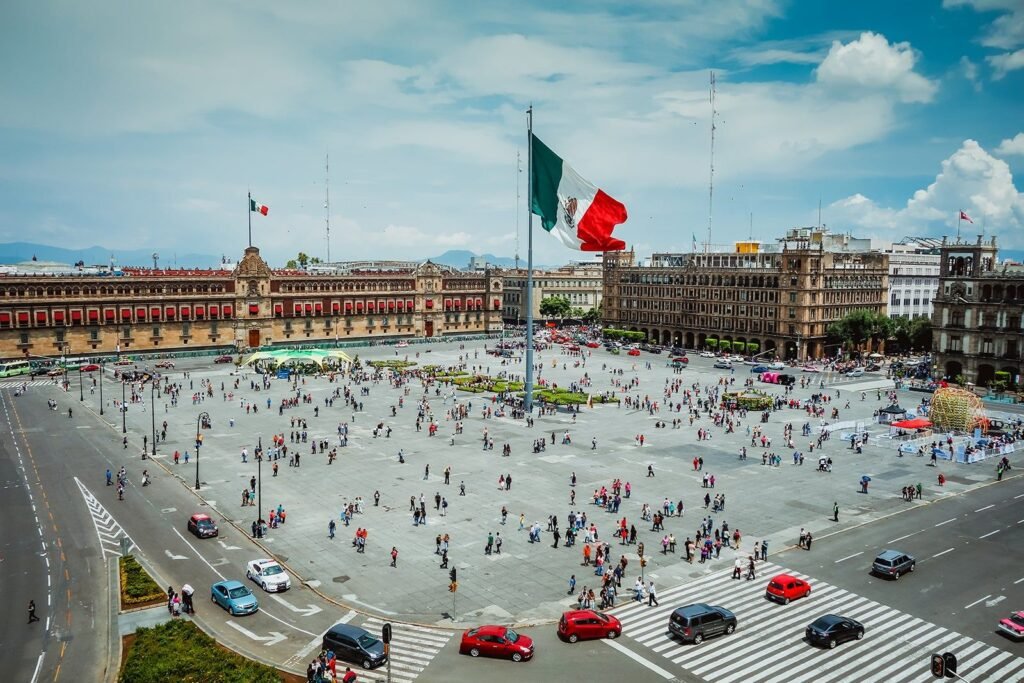 Zocalo main square with Metropolitan Cathedral and National Palace, Mexico City